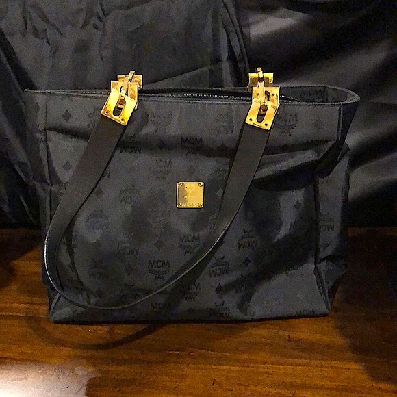 MCM Black & Gold Monogram Shoulder Bag with Top Zipper Closure Made In Germany - Picture 6 of 17